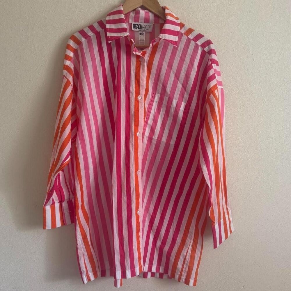 Beach Riot Revolve Alexa Pink Orange Stripe Cotton Button Down Swim Cover Up